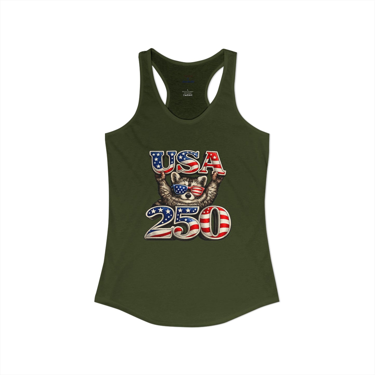 Patriotic Raccoon 4th of July Tank — Raccoon on 250 with Flag & Fireworks Racerback Tank