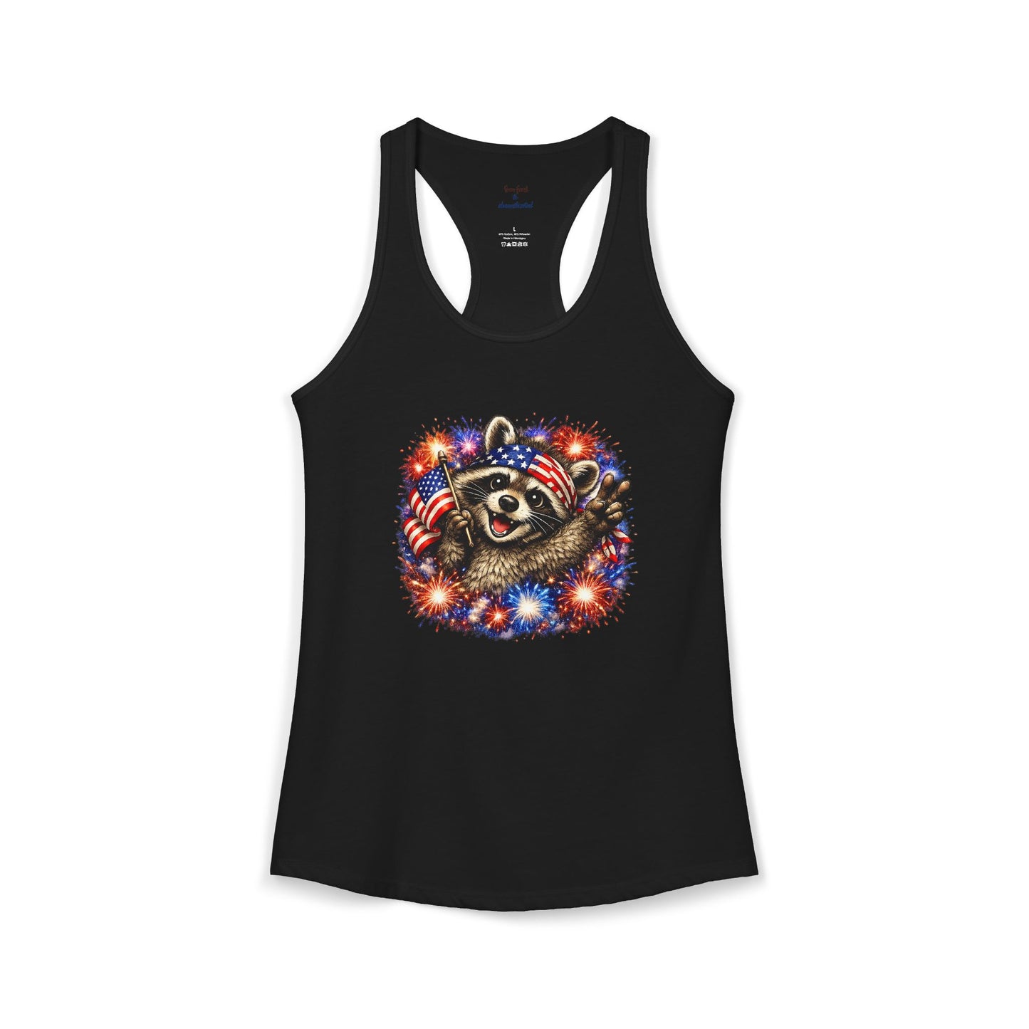 Patriotic Raccoon 4th of July Tank — Raccoon with Flag & Fireworks Racerback Tank