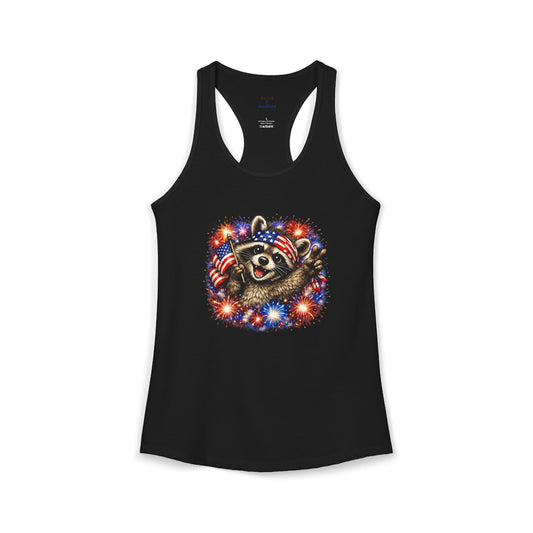 Patriotic Raccoon 4th of July Tank — Raccoon with Flag & Fireworks Racerback Tank