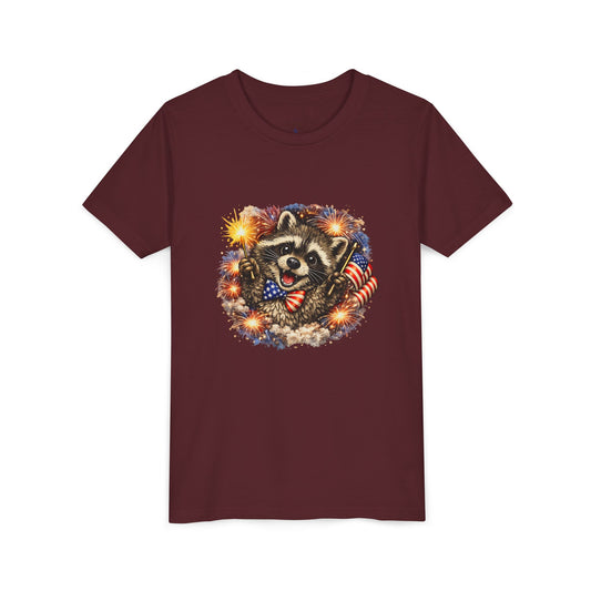 Patriotic Raccoon Youth Tee — Raccoon with American Flag & Fireworks