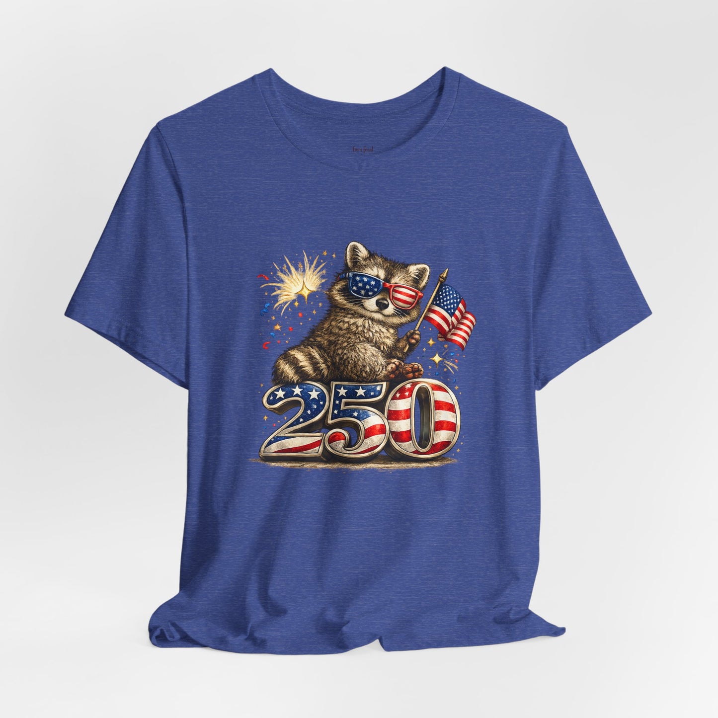 Patriot Raccoon 250th Anniversary T-Shirt — 4th of July Fireworks Flag Tee