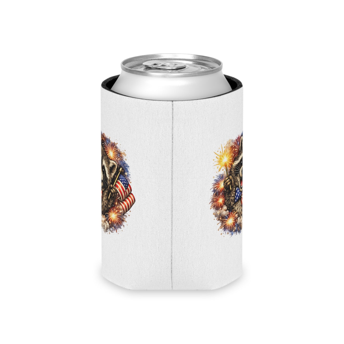 Patriotic Raccoon 250 Can Cooler – USA Flag, 4th of July Drink Koozie
