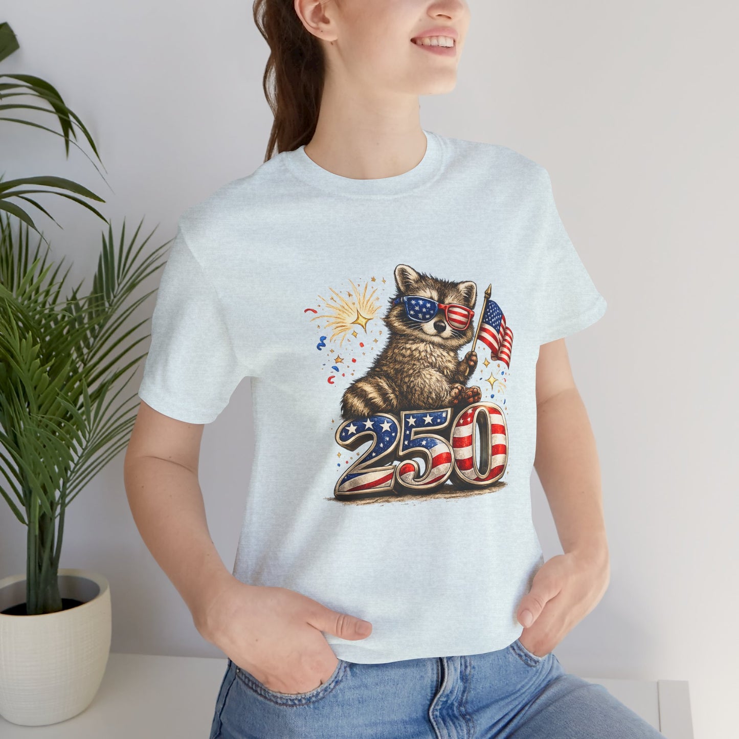 Patriot Raccoon 250th Anniversary T-Shirt — 4th of July Fireworks Flag Tee