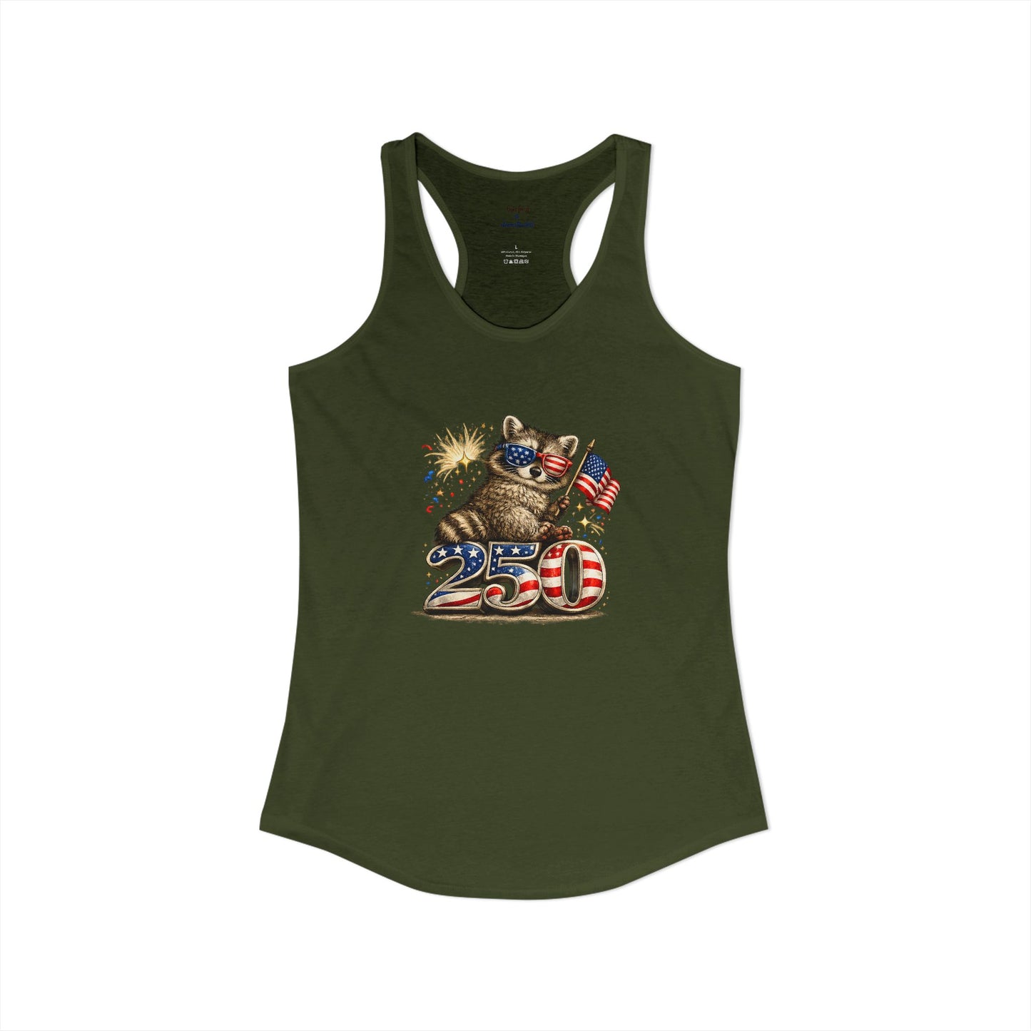 Patriotic Raccoon 4th of July Tank — Raccoon on 250 with Flag & Fireworks Racerback Tank