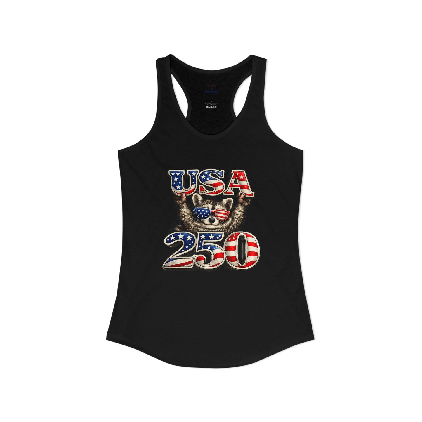 Patriotic Raccoon 4th of July Tank — Raccoon on 250 with Flag & Fireworks Racerback Tank