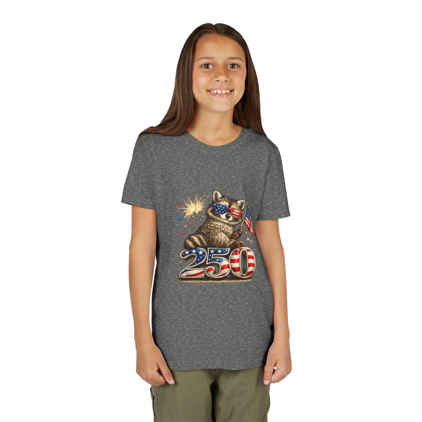 Patriotic Raccoon Youth Tee — Raccoon with American Flag & Fireworks