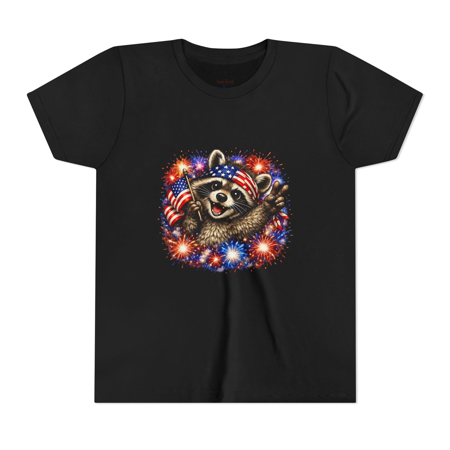 Patriotic Raccoon Youth Tee — Raccoon with American Flag & Fireworks