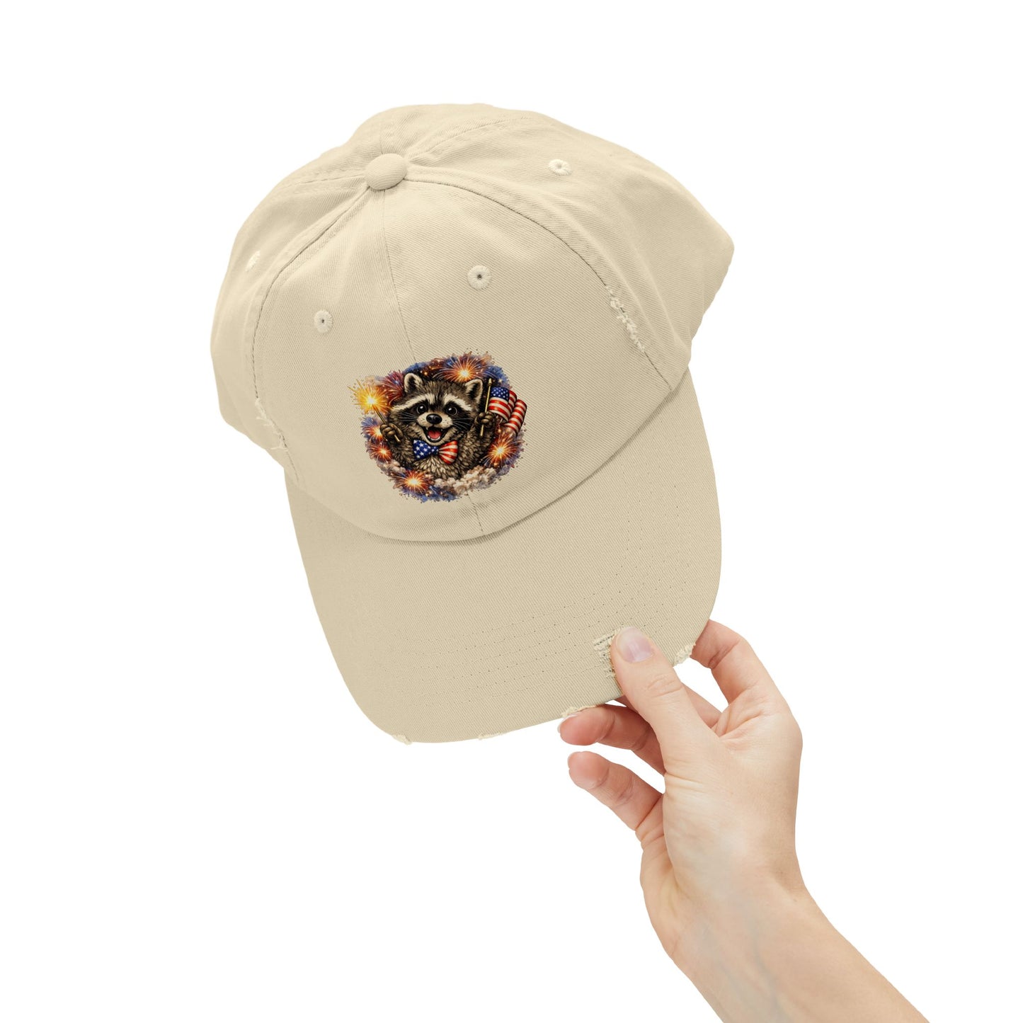 Patriotic Raccoon 250 Cap — Fireworks & Flag Distressed Baseball Hat