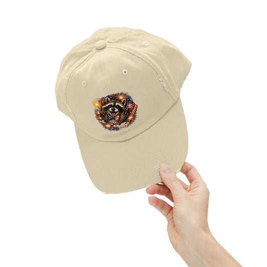 Patriotic Raccoon 250 Cap — Fireworks & Flag Distressed Baseball Hat