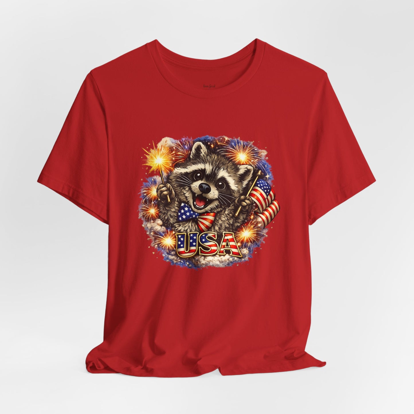Patriot Raccoon 250th Anniversary T-Shirt — 4th of July Fireworks Flag Tee