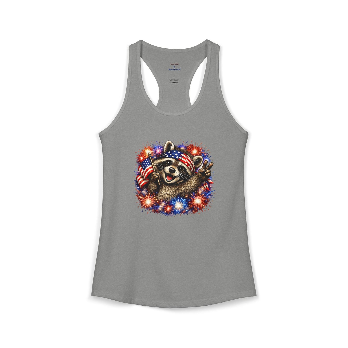 Patriotic Raccoon 4th of July Tank — Raccoon with Flag & Fireworks Racerback Tank