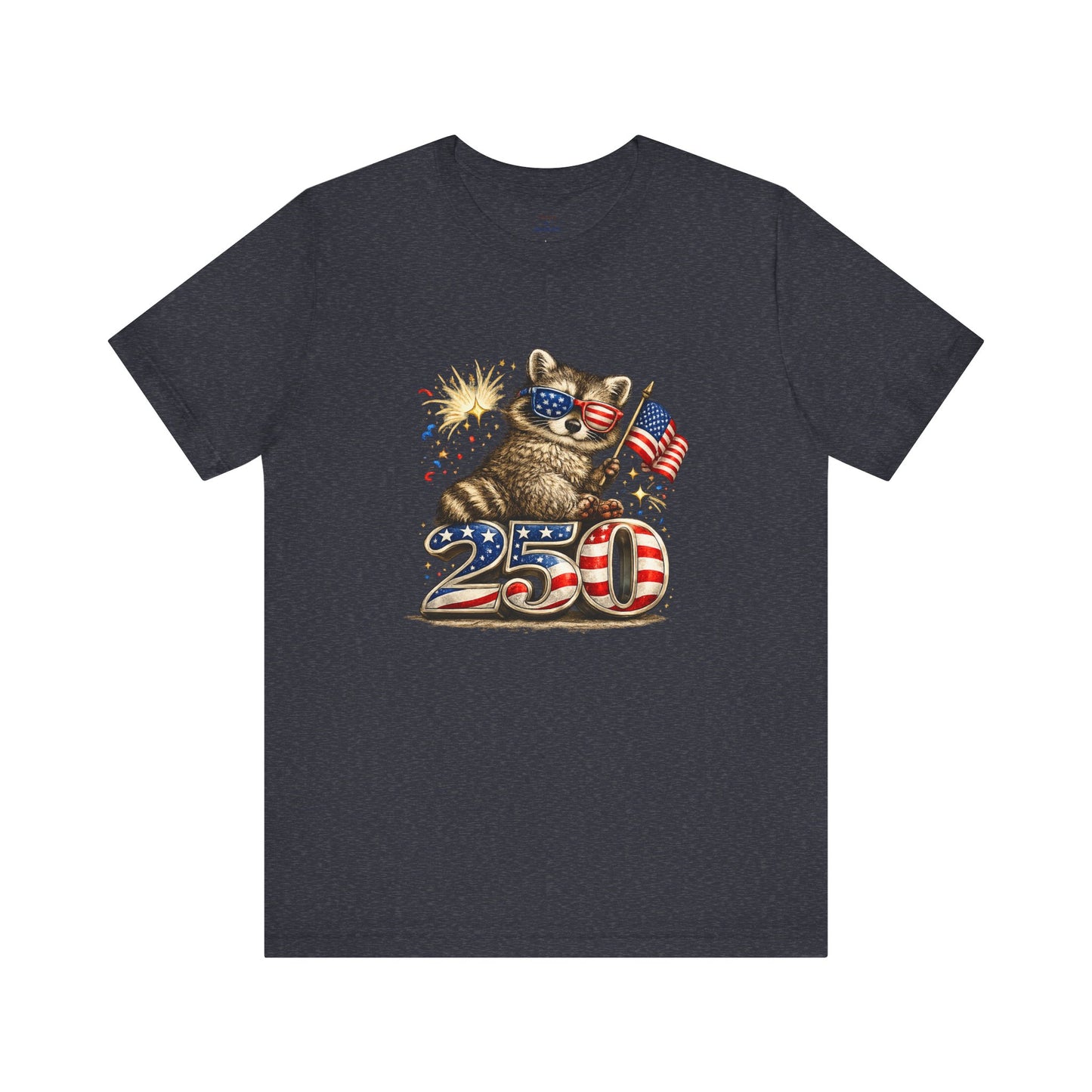 Patriot Raccoon 250th Anniversary T-Shirt — 4th of July Fireworks Flag Tee