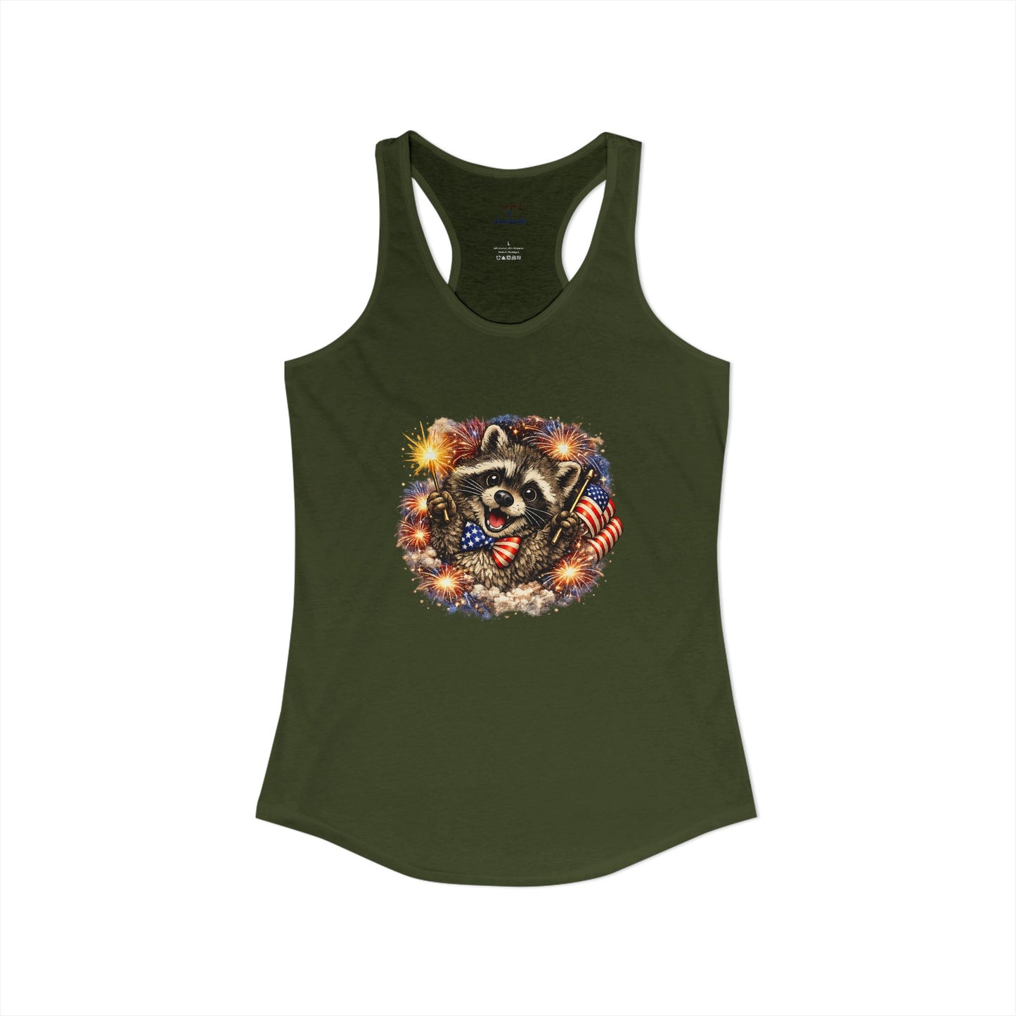 Patriotic Raccoon 4th of July Tank — Raccoon on 250 with Flag & Fireworks Racerback Tank