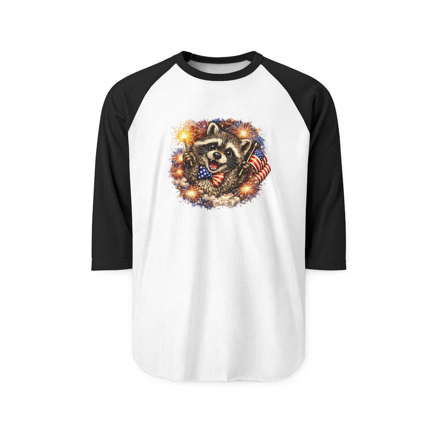 Patriotic Raccoon 250 Raglan Shirt — Fourth of July Fireworks Tee