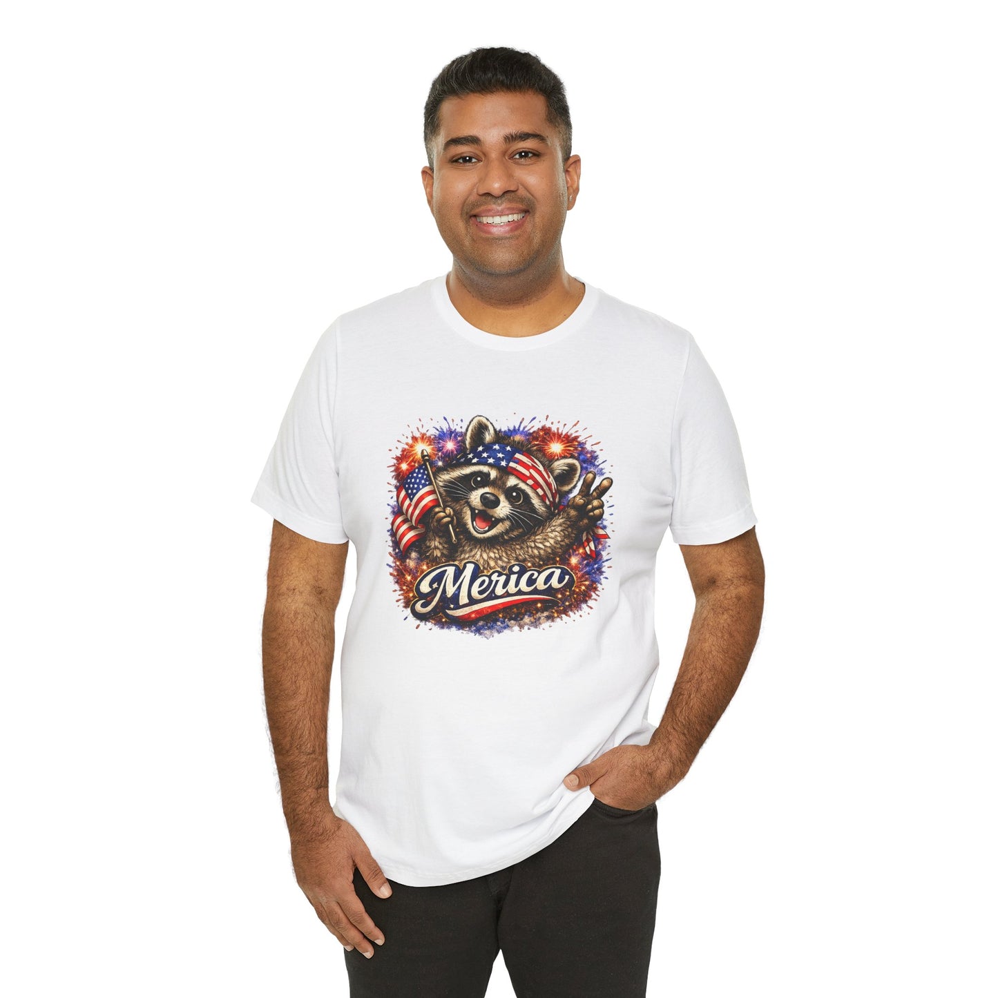 Patriot Raccoon 250th Anniversary T-Shirt — 4th of July Fireworks Flag Tee