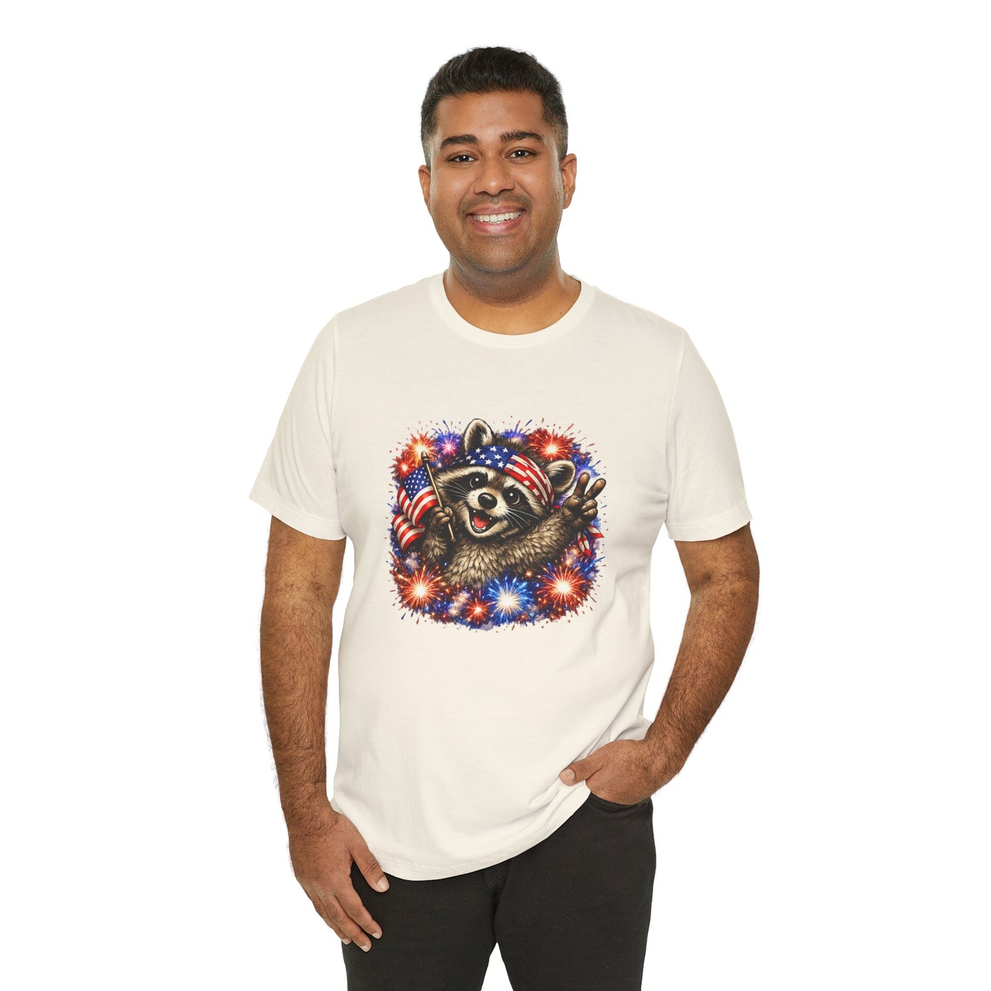 Patriot Raccoon 250th Anniversary T-Shirt — 4th of July Fireworks Flag Tee