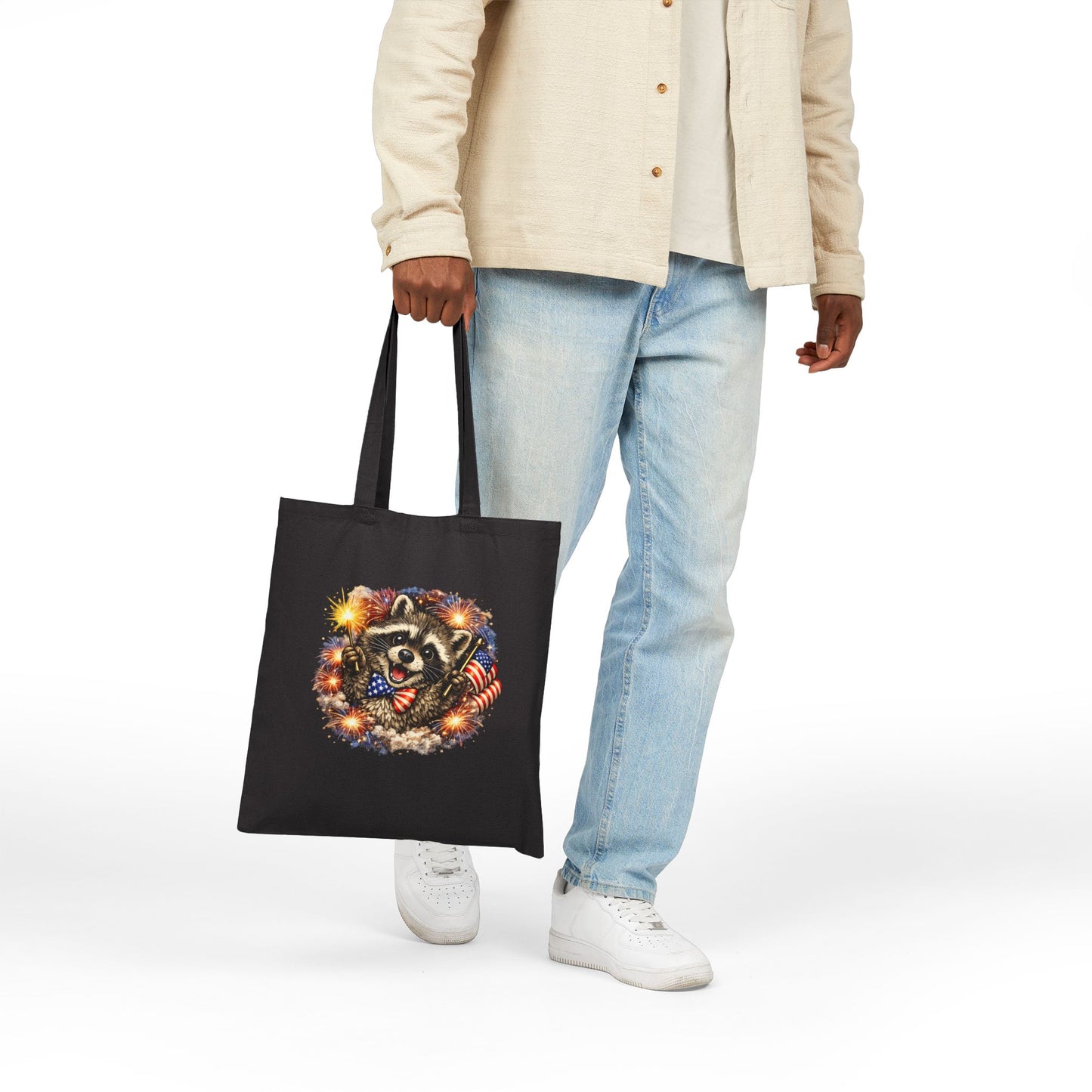 Patriotic Raccoon Fireworks Tote Bag — '250' Canvas Tote for Fourth of July