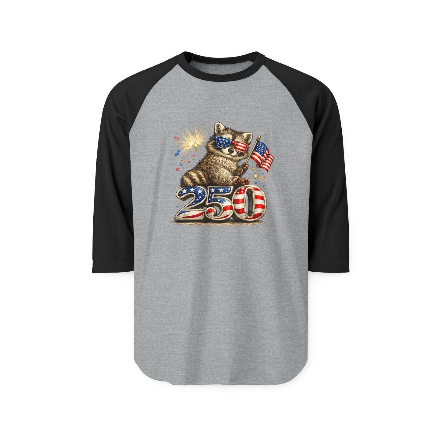 Patriotic Raccoon 250 Raglan Shirt — Fourth of July Fireworks Tee