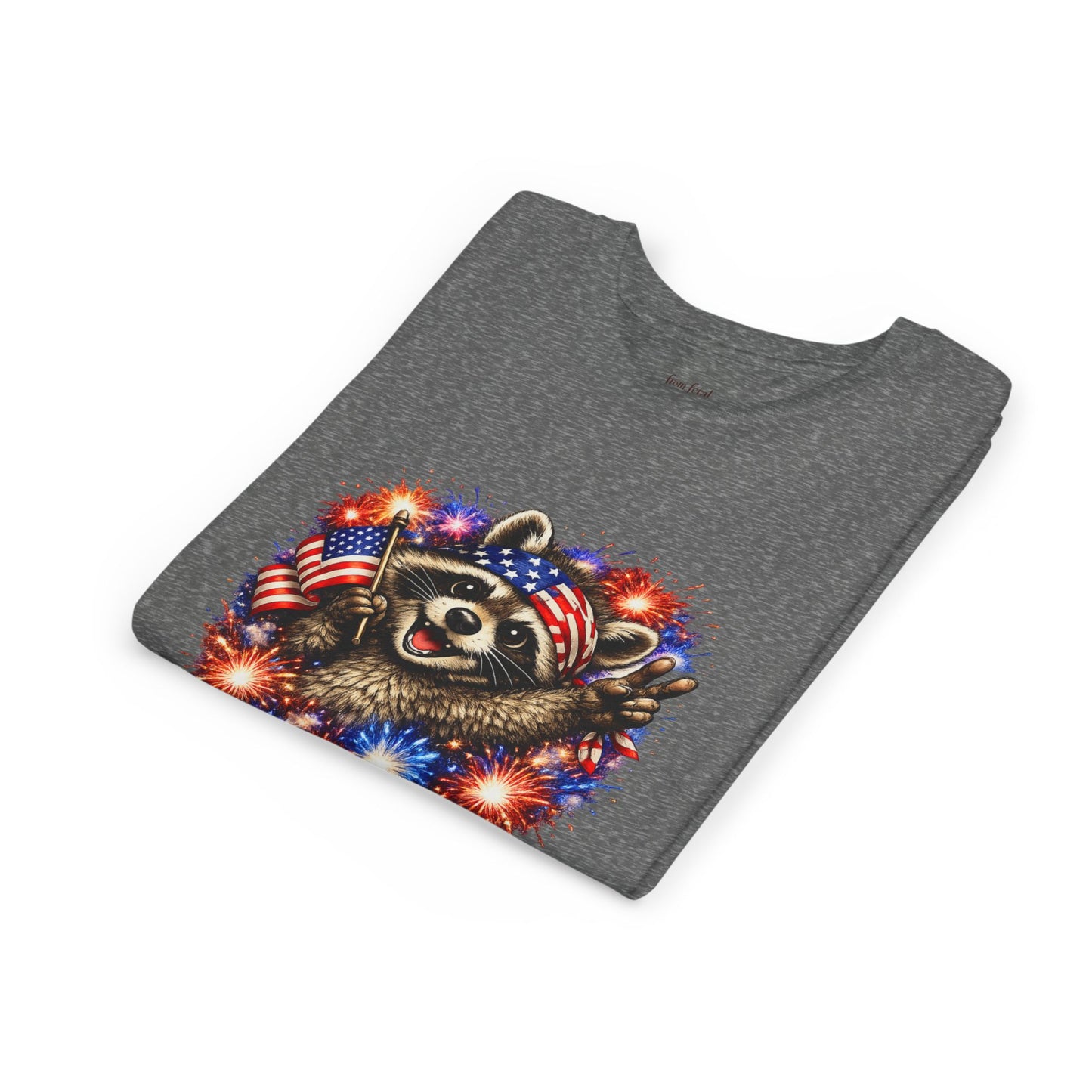 Patriotic Raccoon Youth Tee — Raccoon with American Flag & Fireworks