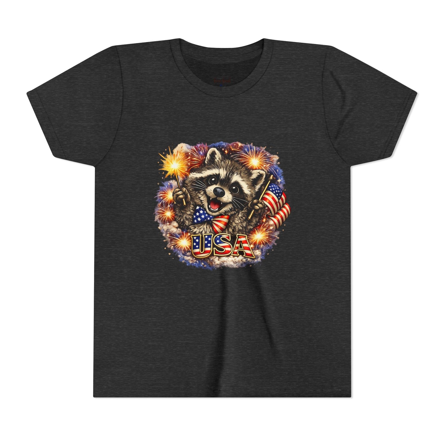 Patriotic Raccoon Youth Tee — Raccoon with American Flag & Fireworks
