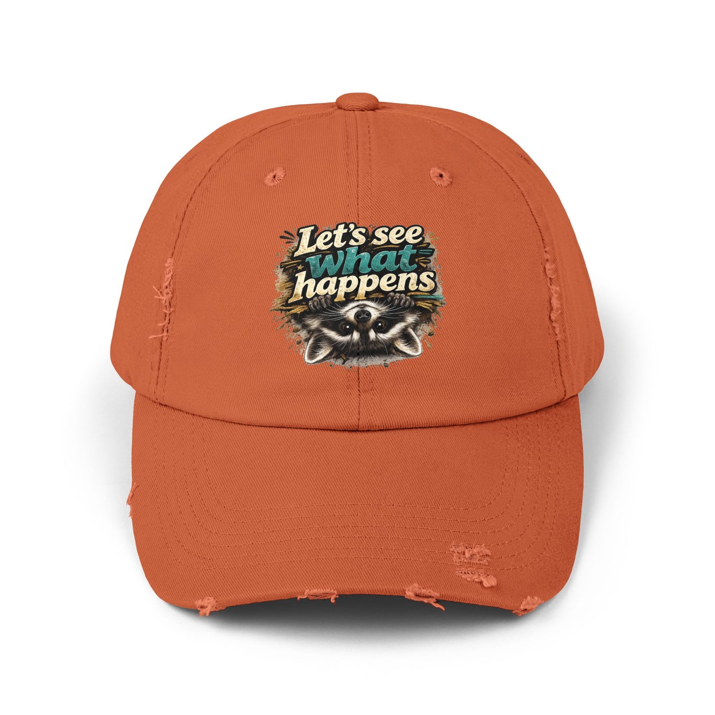 Let's See What Happens Distressed Cap — Raccoon Mom/Dad Funny Dad Hat