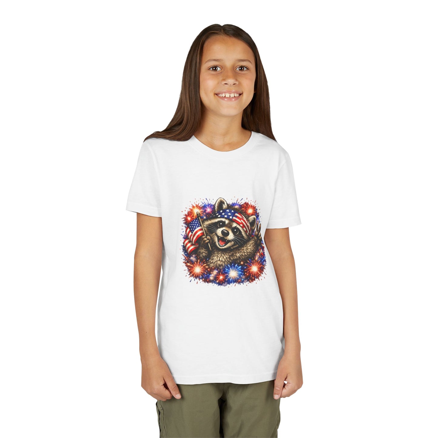 Patriotic Raccoon Youth Tee — Raccoon with American Flag & Fireworks