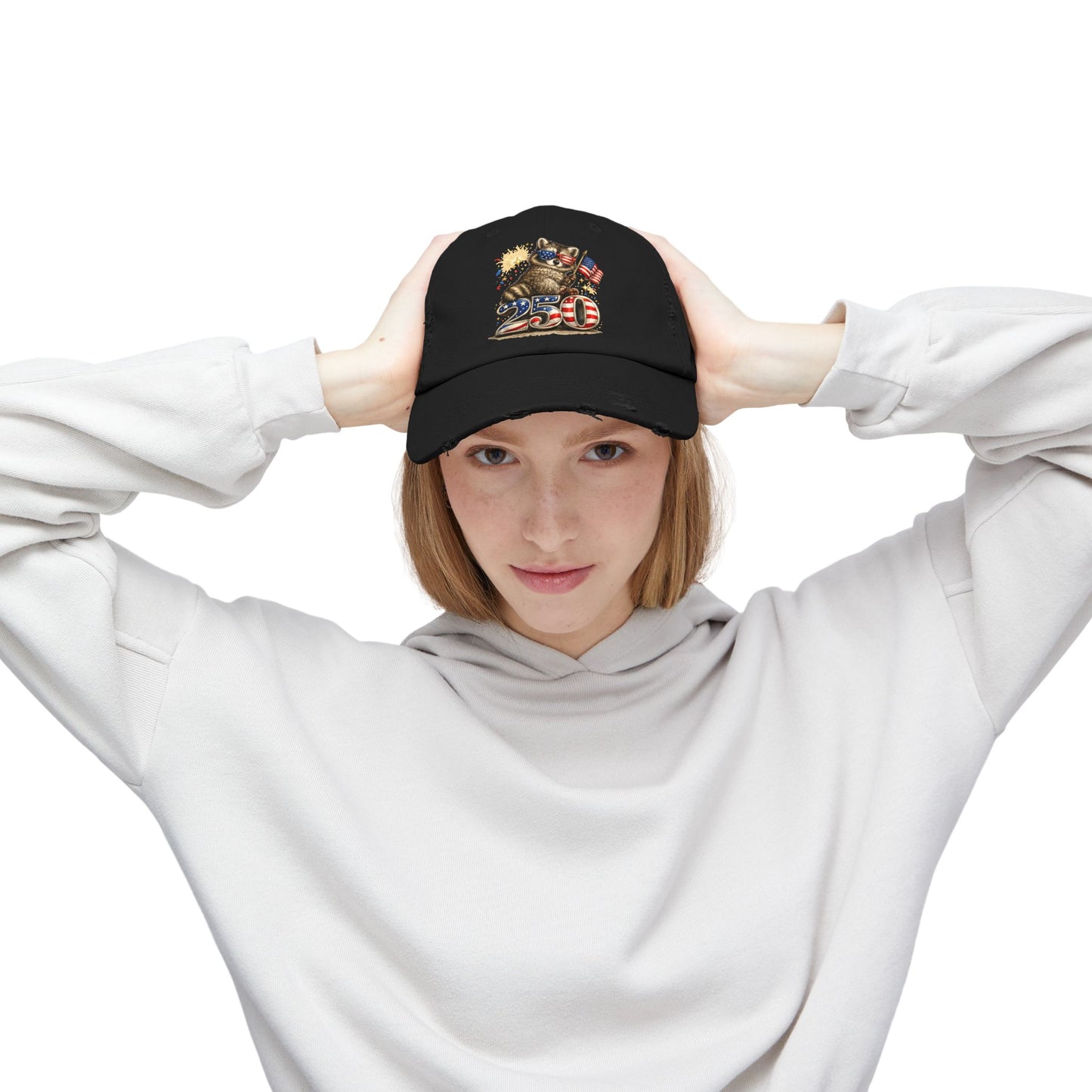 Patriotic Raccoon 250 Cap — Fireworks & Flag Distressed Baseball Hat