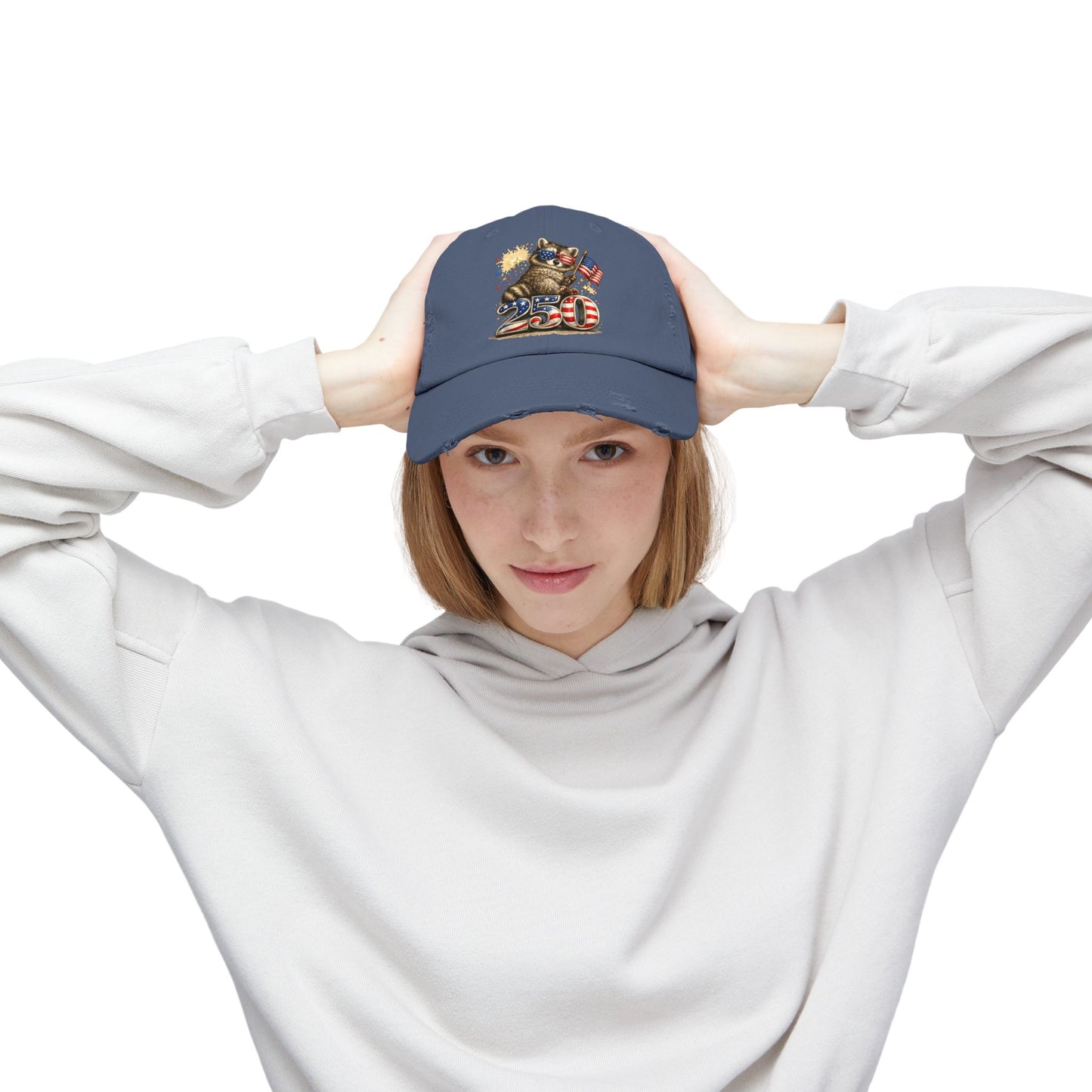 Patriotic Raccoon 250 Cap — Fireworks & Flag Distressed Baseball Hat