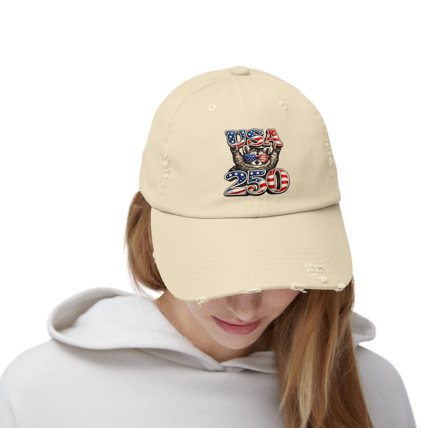 Patriotic Raccoon 250 Cap — Fireworks & Flag Distressed Baseball Hat