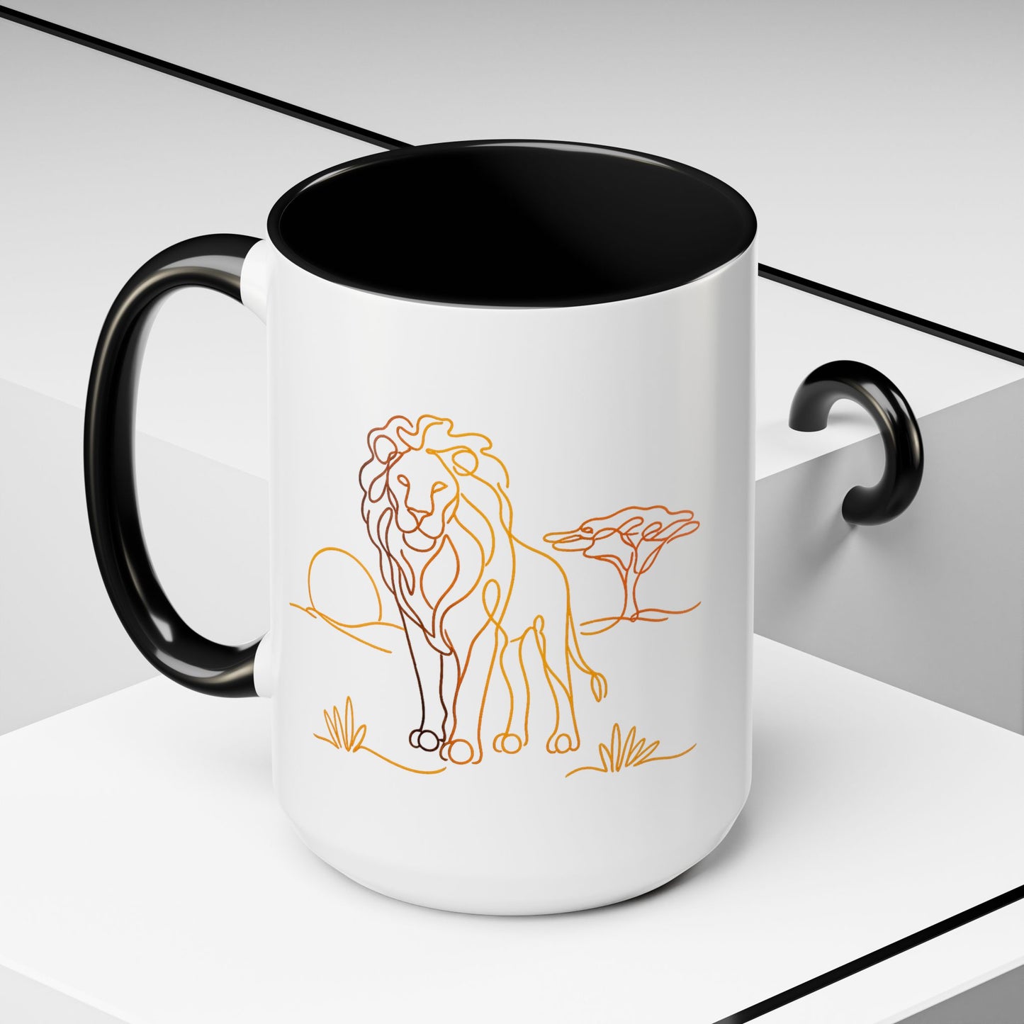 Safari Sunrise Coffee Mug — Minimal Line Lion Design (11/15oz)