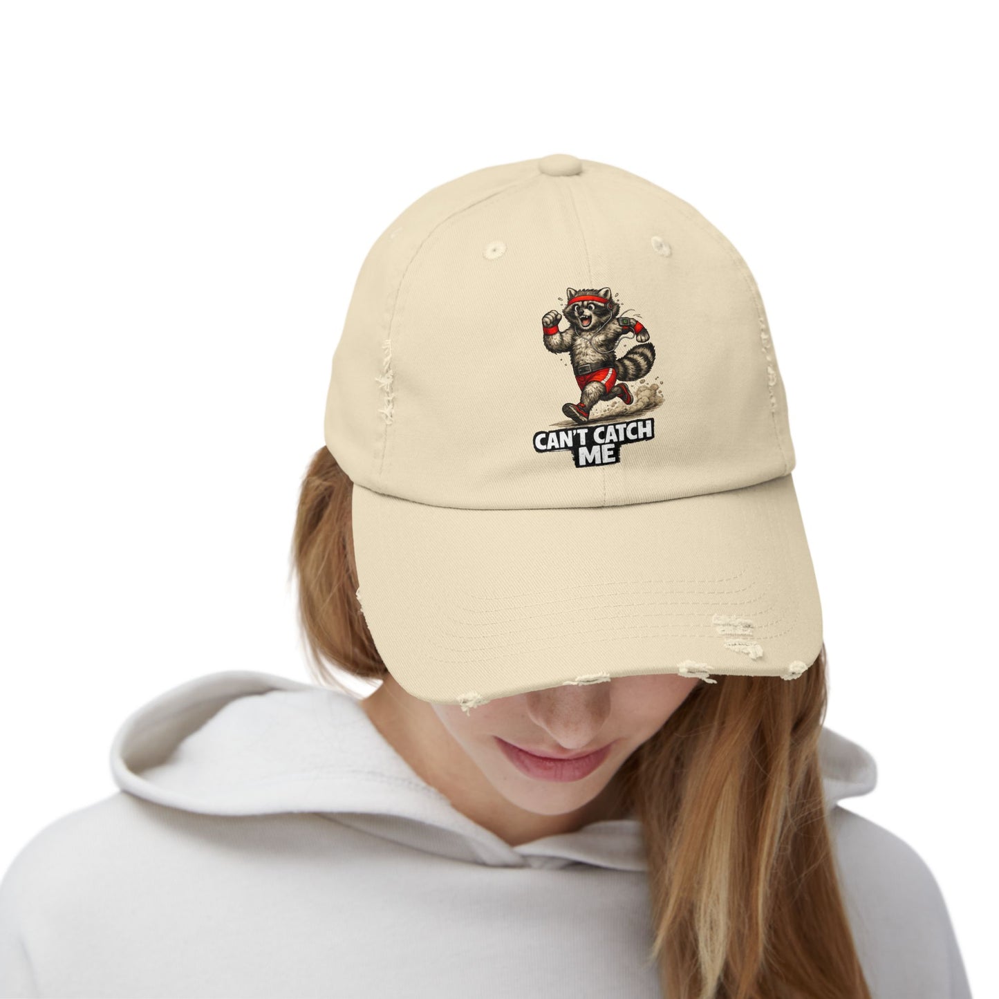 Can't Catch Me Distressed Cap — Raccoon Mom/Dad Funny Dad Hat