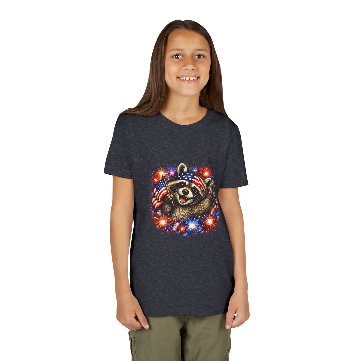 Patriotic Raccoon Youth Tee — Raccoon with American Flag & Fireworks