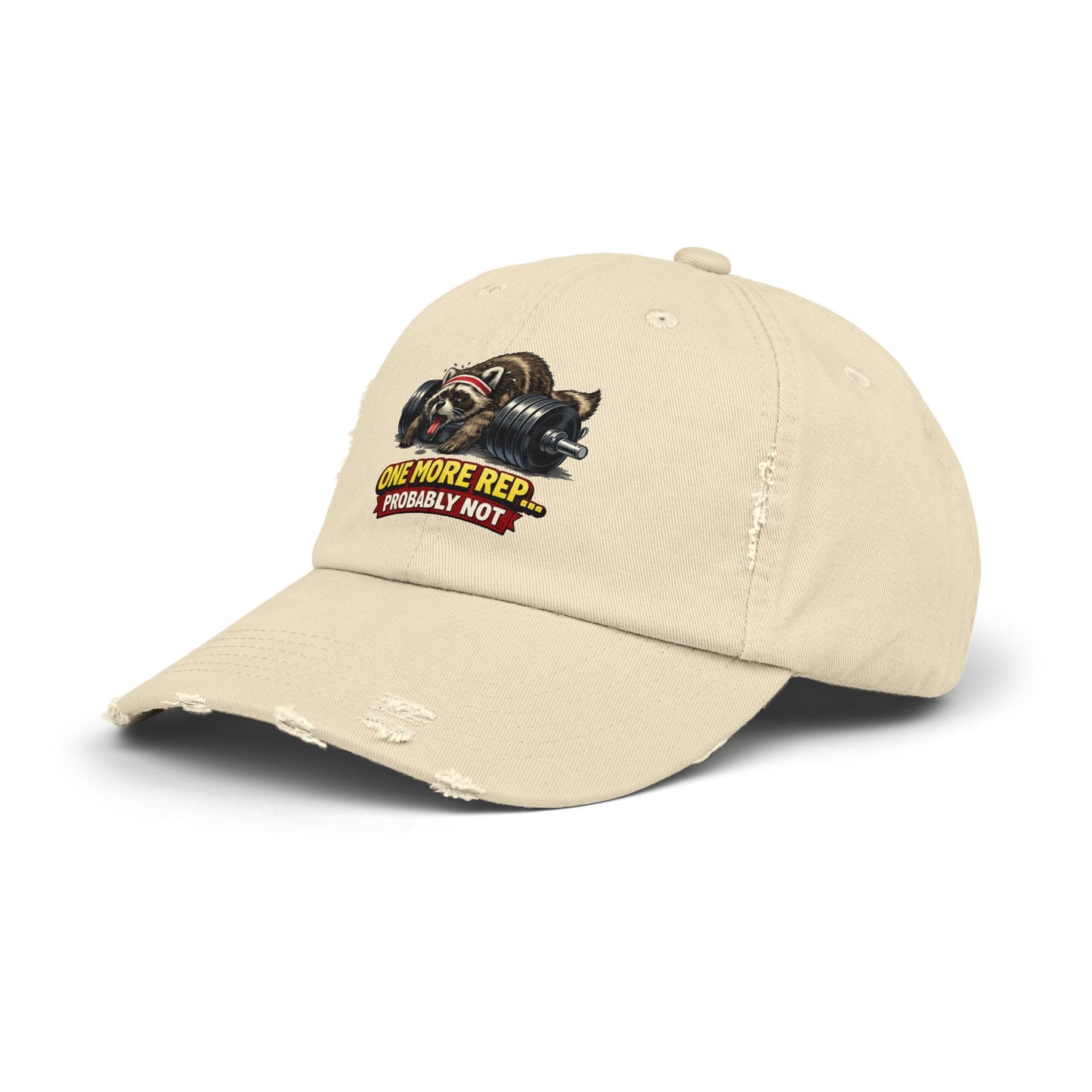 One More Rep Distressed Cap — Raccoon Mom/Dad Funny Dad Hat