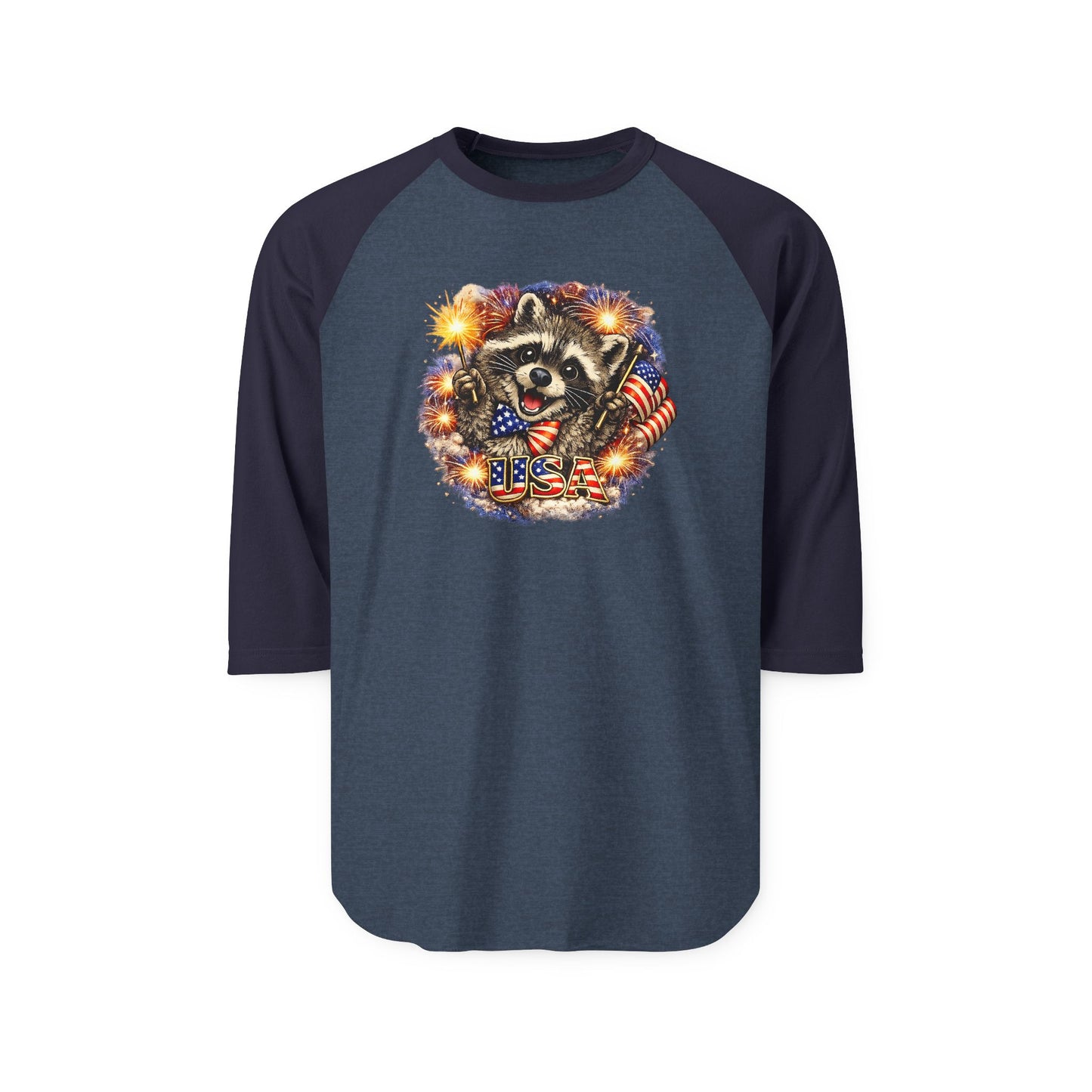 Patriotic Raccoon 250 Raglan Shirt — Fourth of July Fireworks Tee