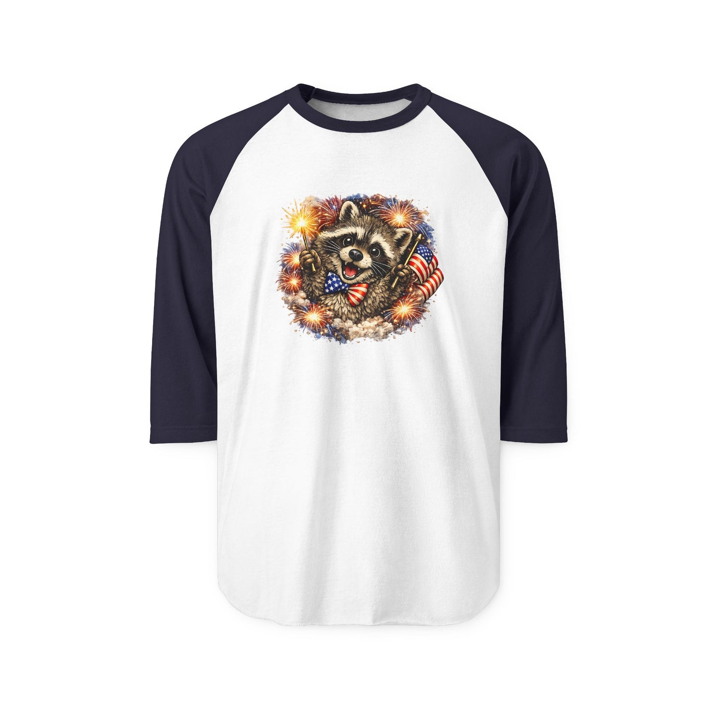 Patriotic Raccoon 250 Raglan Shirt — Fourth of July Fireworks Tee