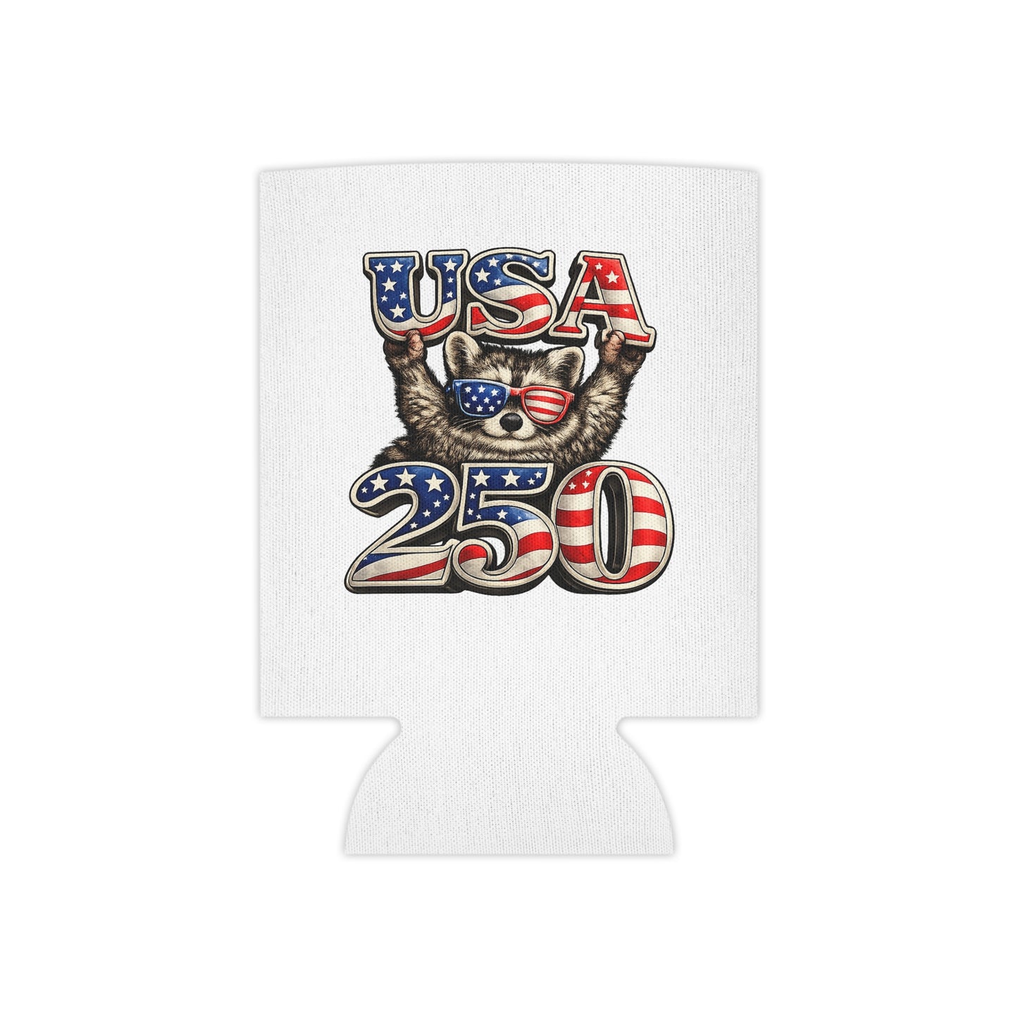 Patriotic Raccoon 250 Can Cooler – USA Flag, 4th of July Drink Koozie