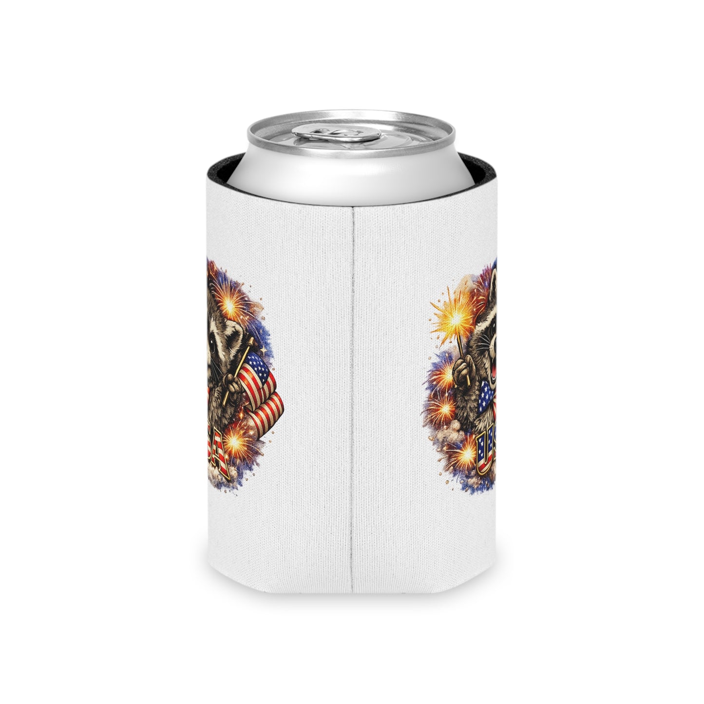 Patriotic Raccoon 250 Can Cooler – USA Flag, 4th of July Drink Koozie