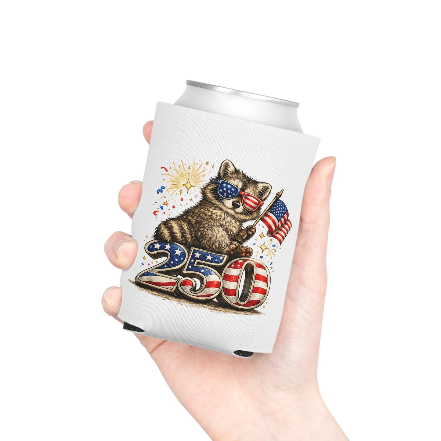 Patriotic Raccoon 250 Can Cooler – USA Flag, 4th of July Drink Koozie