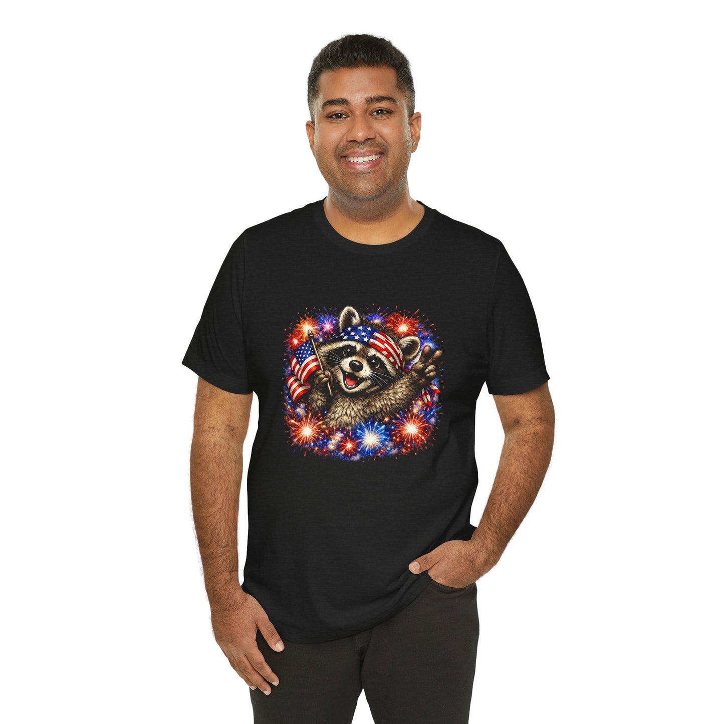 Patriot Raccoon 250th Anniversary T-Shirt — 4th of July Fireworks Flag Tee
