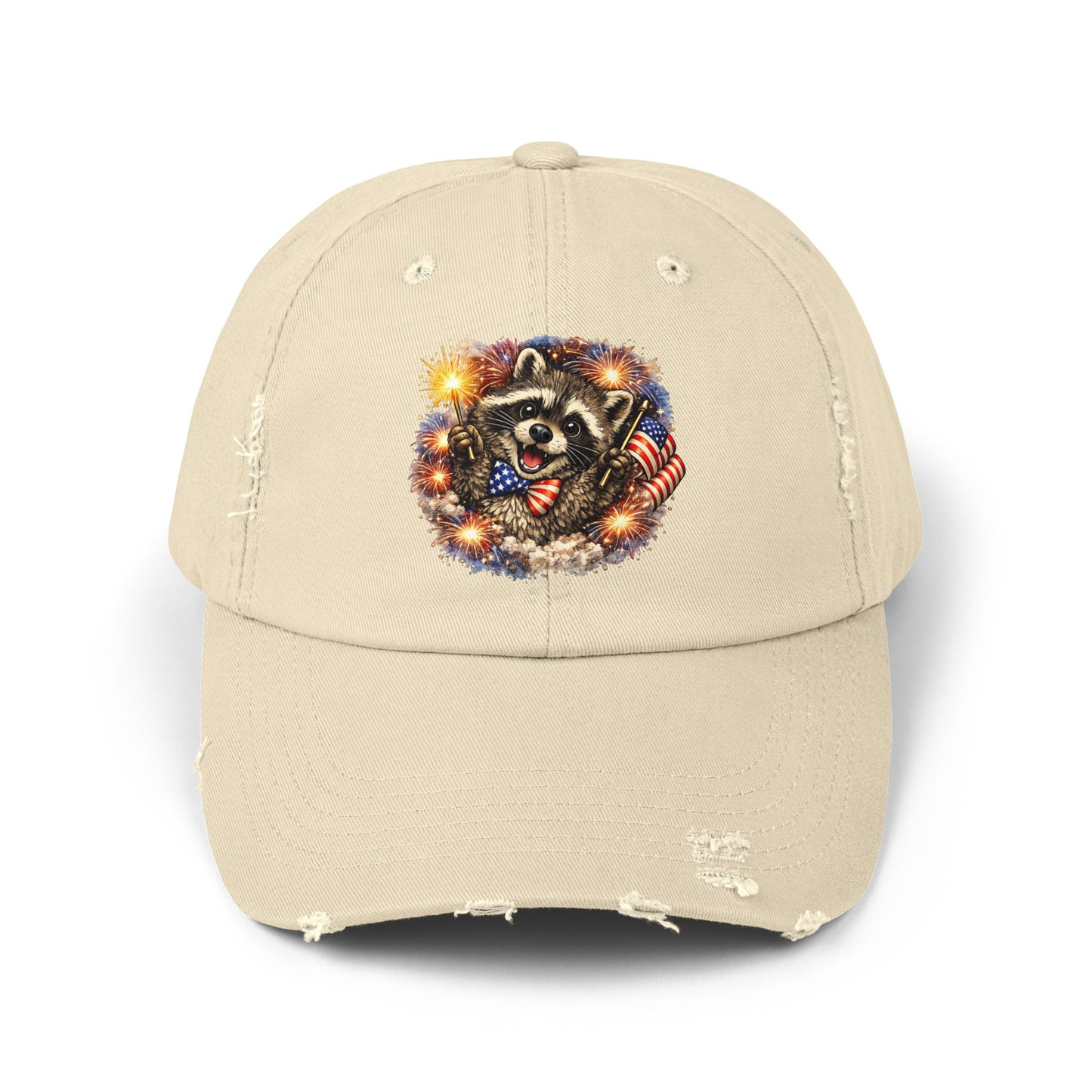 Patriotic Raccoon 250 Cap — Fireworks & Flag Distressed Baseball Hat