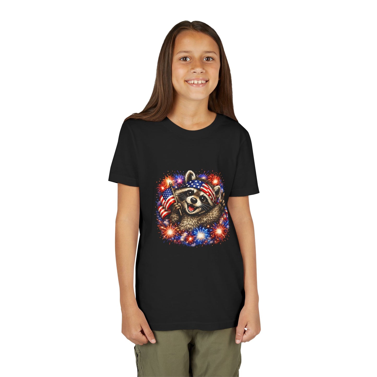 Patriotic Raccoon Youth Tee — Raccoon with American Flag & Fireworks