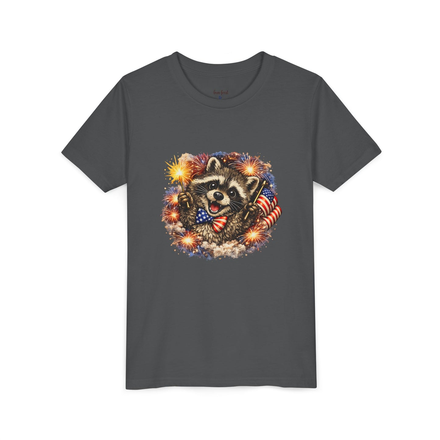 Patriotic Raccoon Youth Tee — Raccoon with American Flag & Fireworks