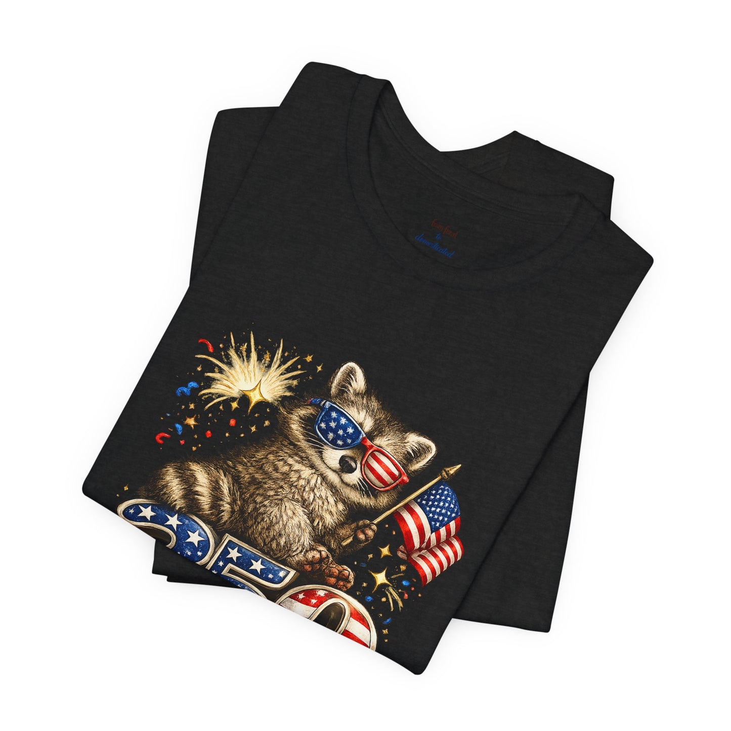 Patriot Raccoon 250th Anniversary T-Shirt — 4th of July Fireworks Flag Tee