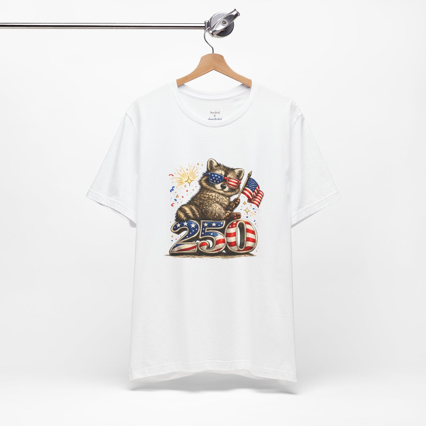 Patriot Raccoon 250th Anniversary T-Shirt — 4th of July Fireworks Flag Tee