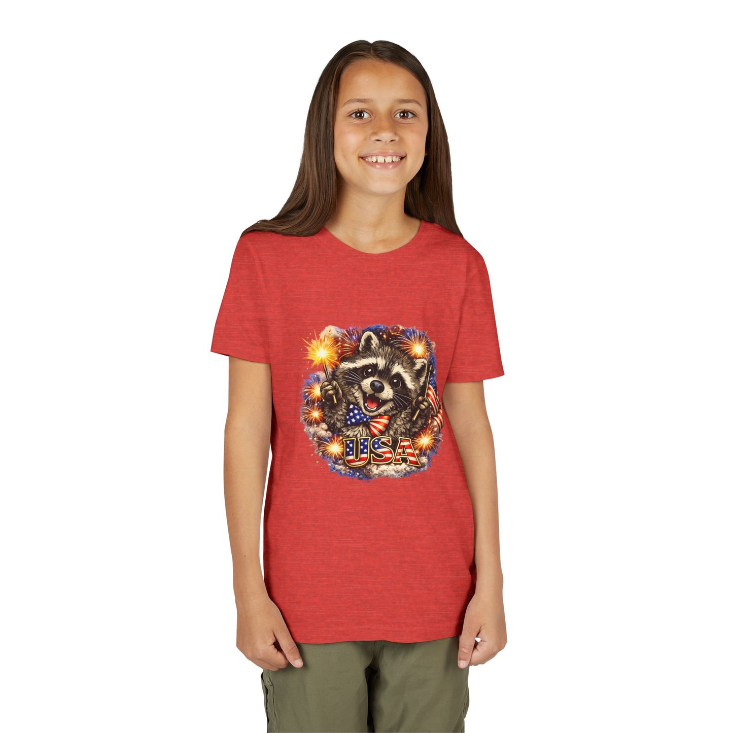 Patriotic Raccoon Youth Tee — Raccoon with American Flag & Fireworks