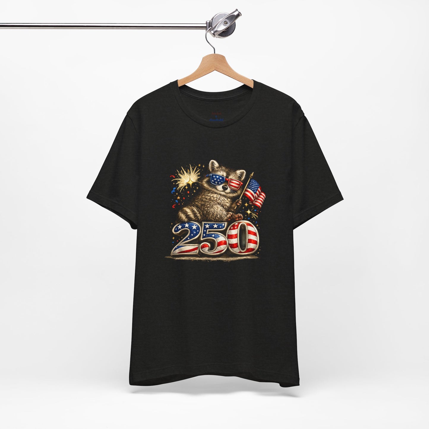 Patriot Raccoon 250th Anniversary T-Shirt — 4th of July Fireworks Flag Tee