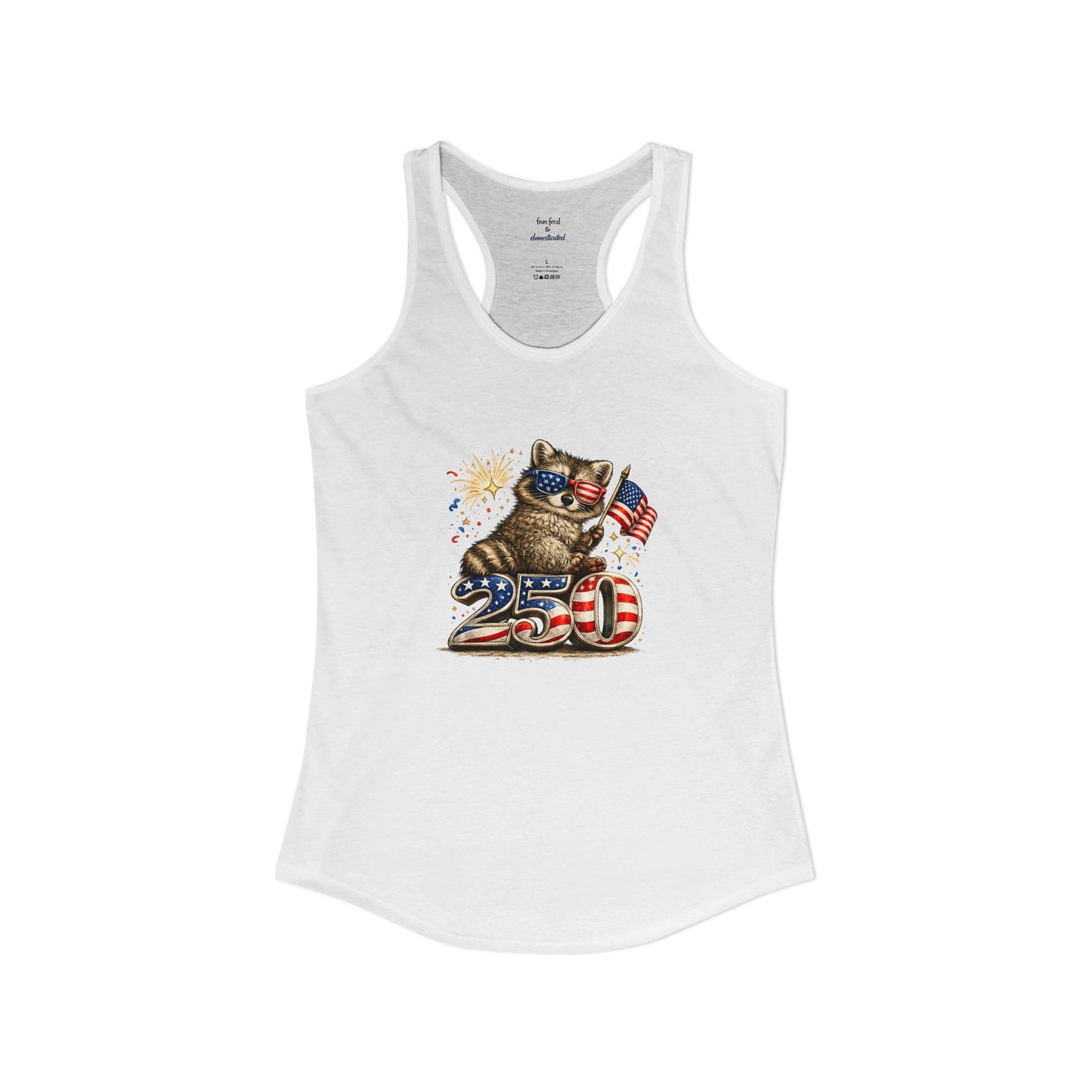 Patriotic Raccoon 4th of July Tank — Raccoon on 250 with Flag & Fireworks Racerback Tank