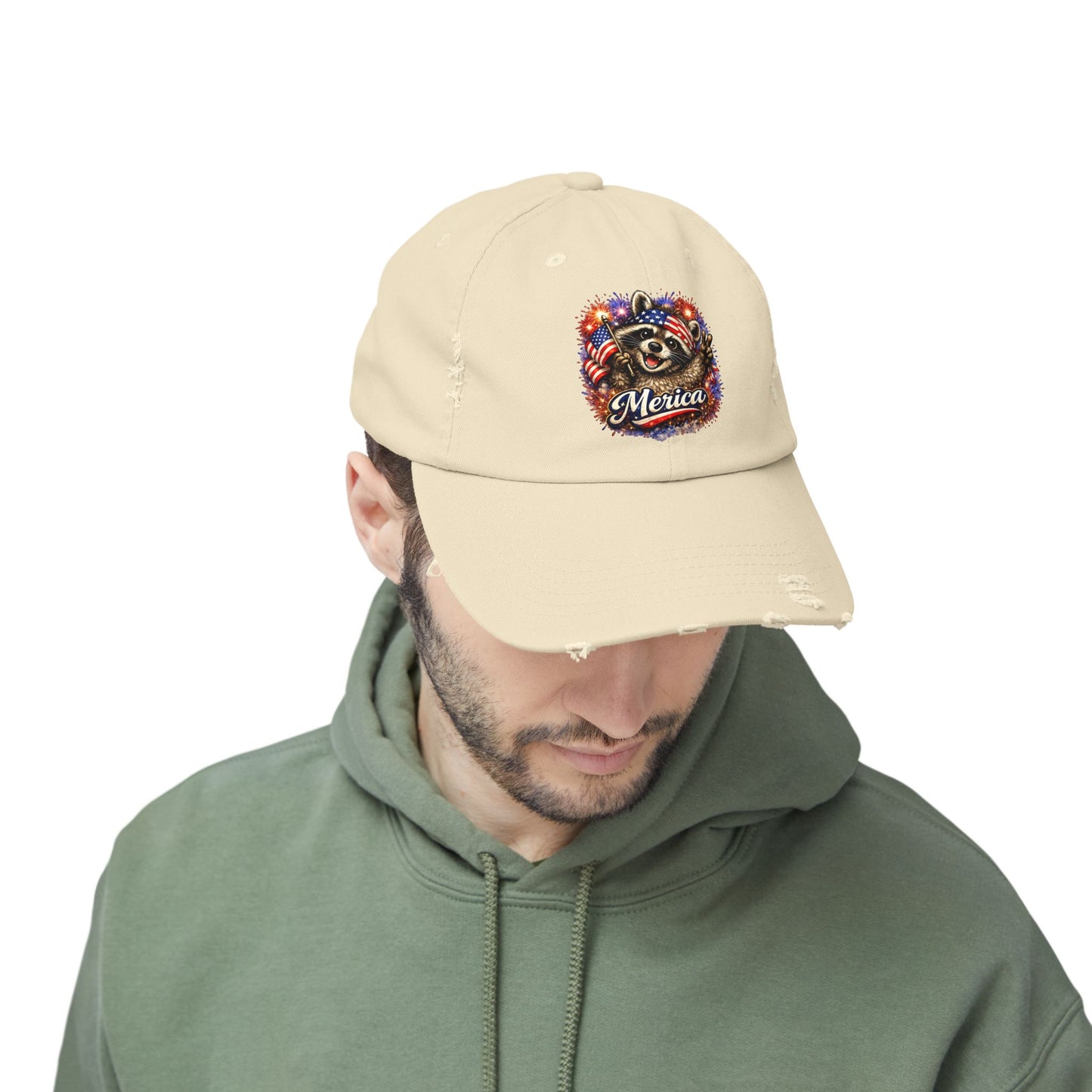 Patriotic Raccoon 250 Cap — Fireworks & Flag Distressed Baseball Hat