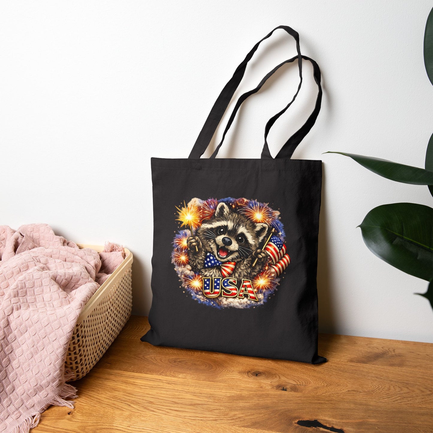 Patriotic Raccoon Fireworks Tote Bag — '250' Canvas Tote for Fourth of July
