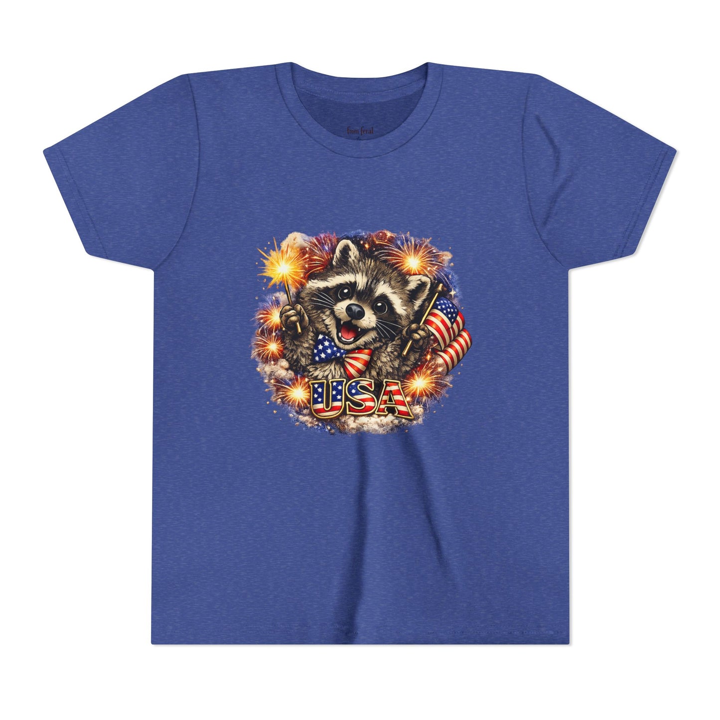 Patriotic Raccoon Youth Tee — Raccoon with American Flag & Fireworks